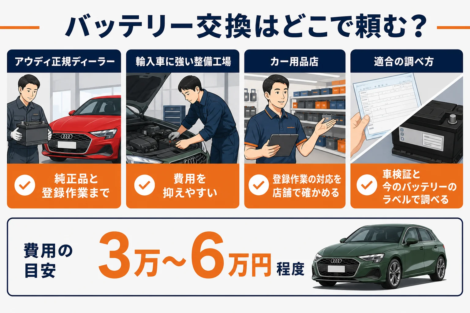 アウディA3のバッテリー交換先3つの特徴を比べた図解