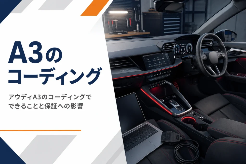 車の設定画面と診断用のパソコンが置かれた運転席のイメージ