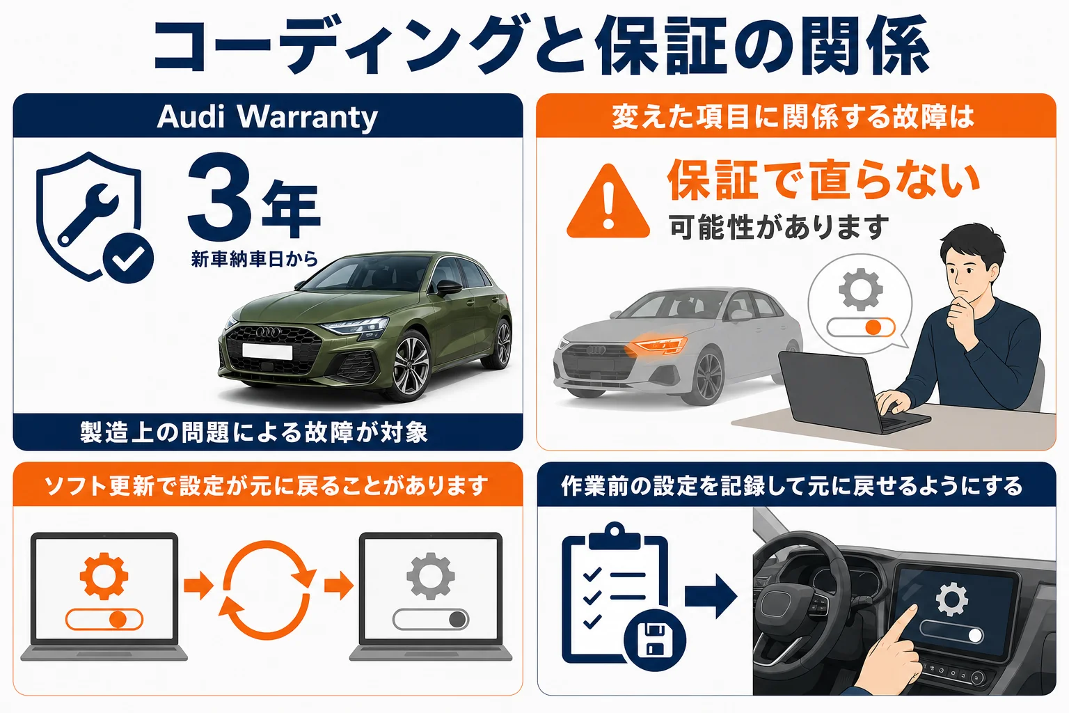 アウディA3のコーディングと新車保証の関係をまとめた図解
