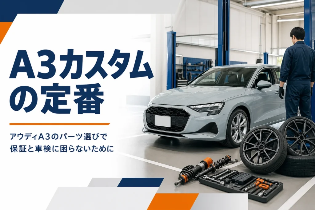 アウディA3のカスタムパーツを準備している整備工場のイメージ