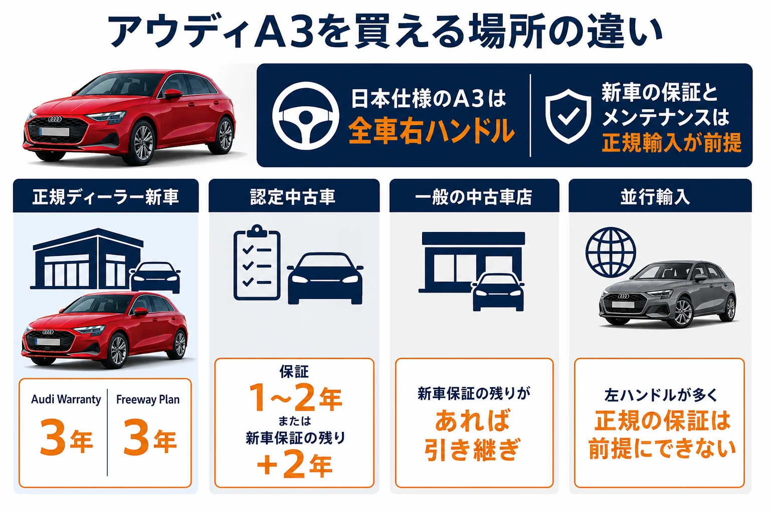 アウディA3を買える4つの場所と保証の違いの図解