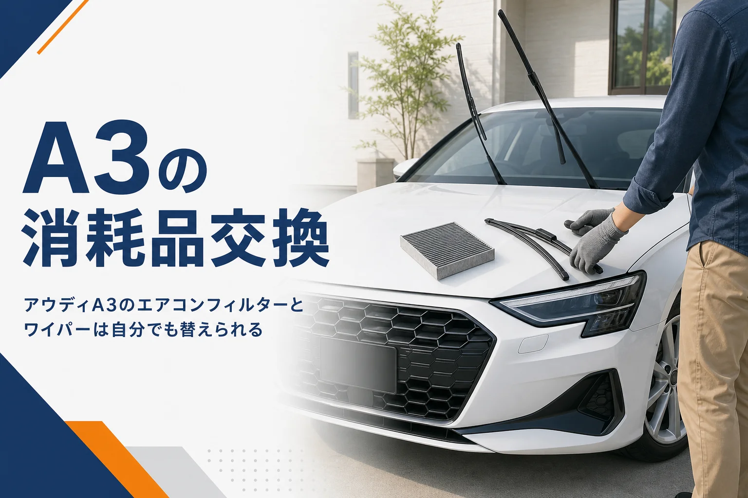 ワイパーを起こしたコンパクトハッチバックと新品のワイパー・エアコンフィルター