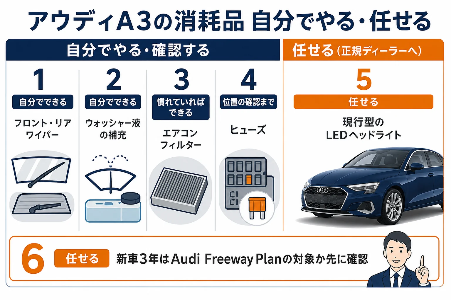 アウディA3で自分で替えられる消耗品と任せたい作業の図解