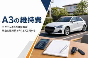 コンパクトハッチバックと電卓で維持費を計算するイメージ