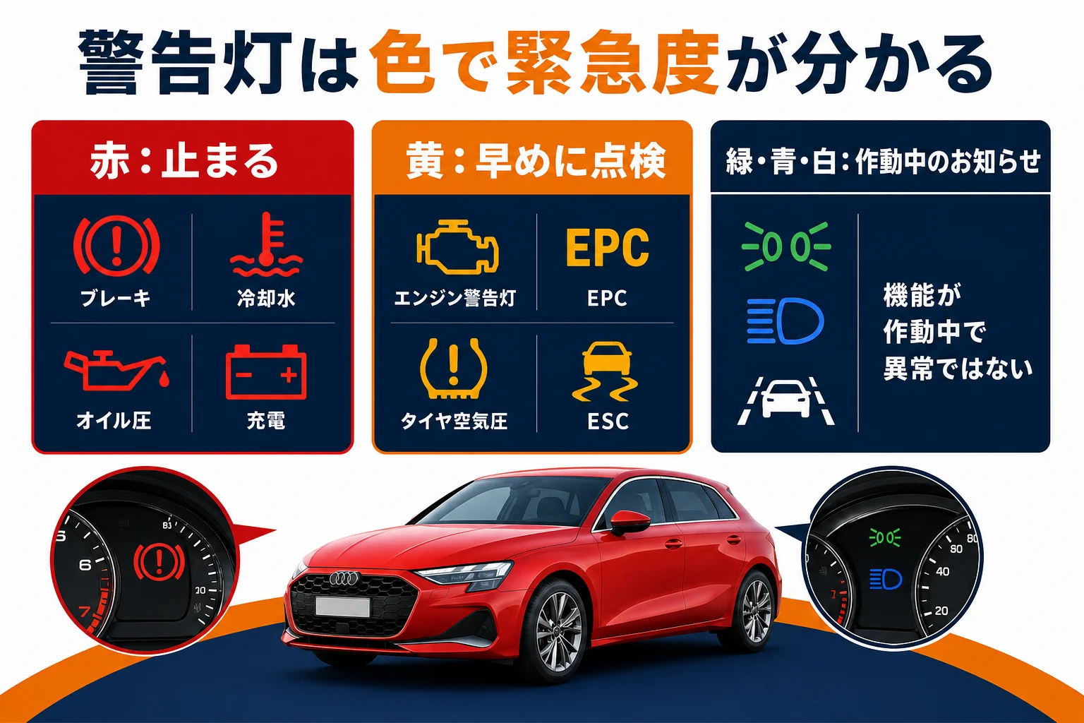 アウディA3の警告灯を色と緊急度で分けた図解