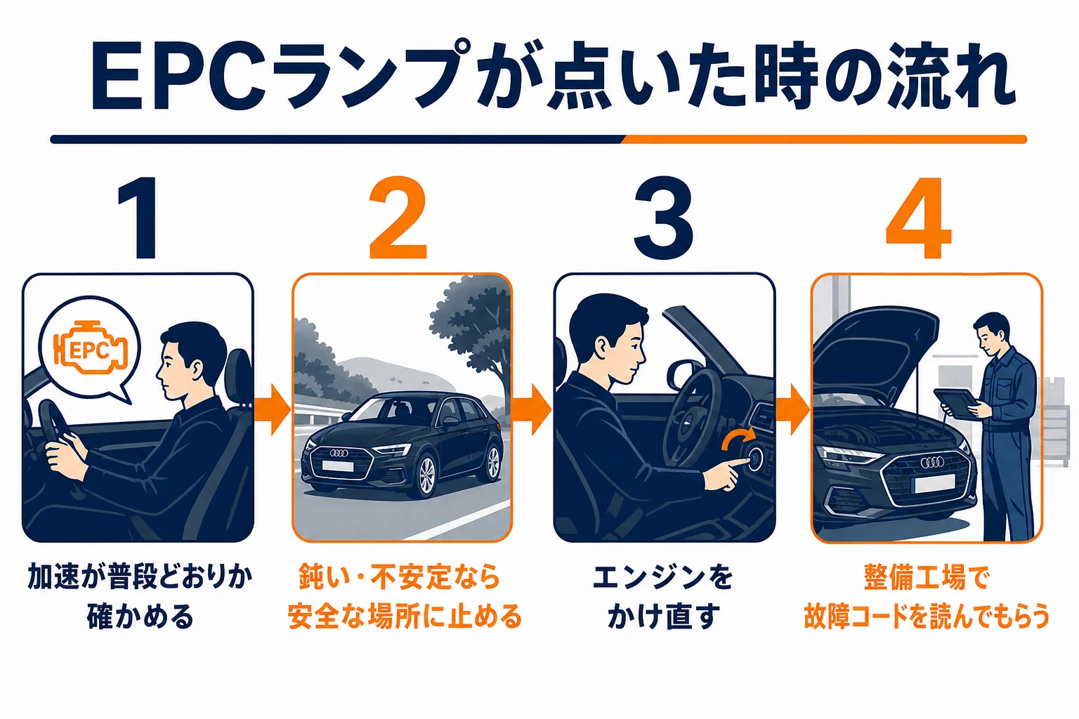 アウディA3のEPCランプが点いた時の対処を順番に並べた図解
