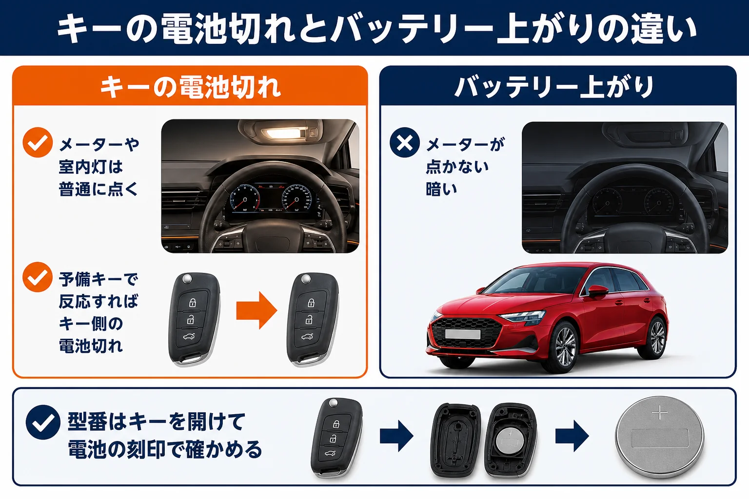 キーの電池切れと車のバッテリー上がりの症状を比べた図解