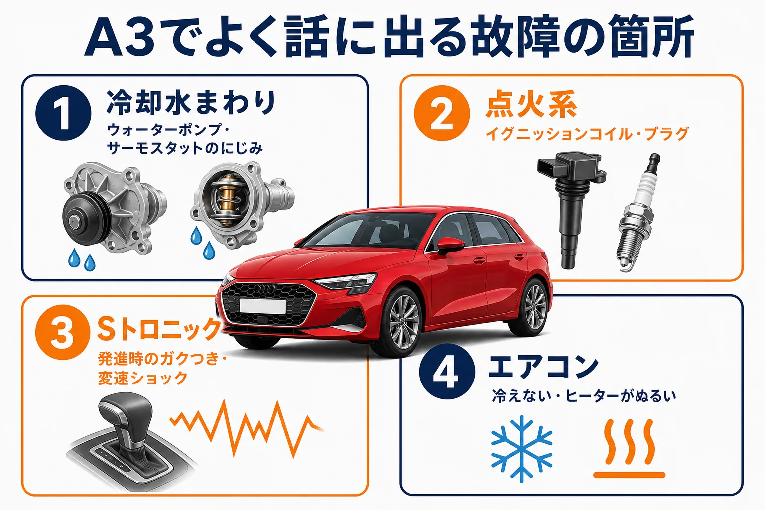 アウディA3の故障しやすい箇所を年式別にまとめた図解