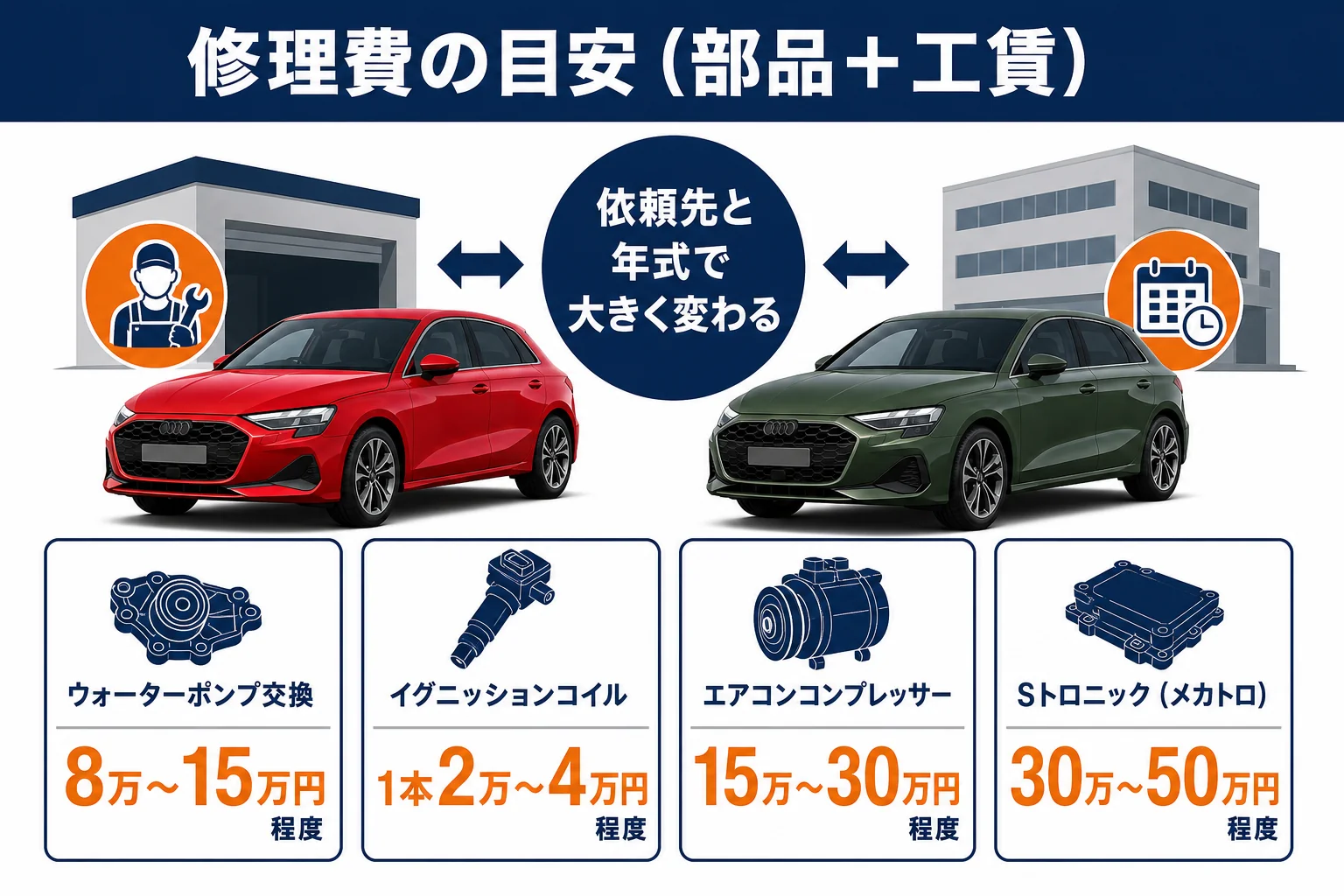 アウディA3の主な修理内容と費用の目安を並べた図解
