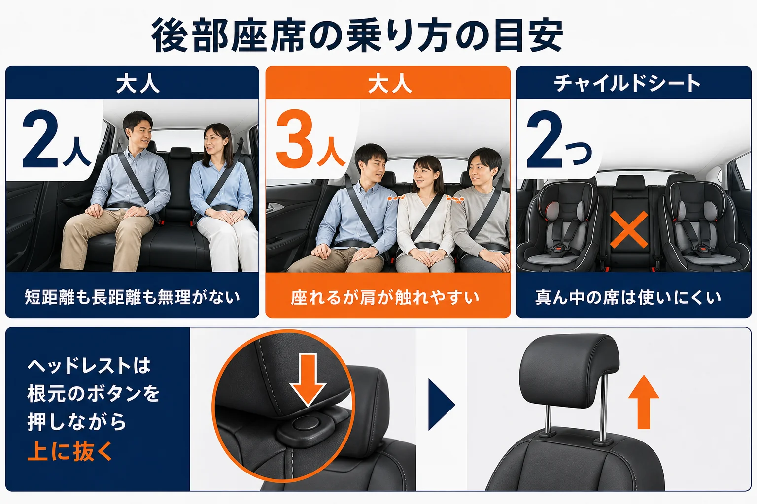 アウディA3の後部座席に何人乗れるかの目安をまとめた図解