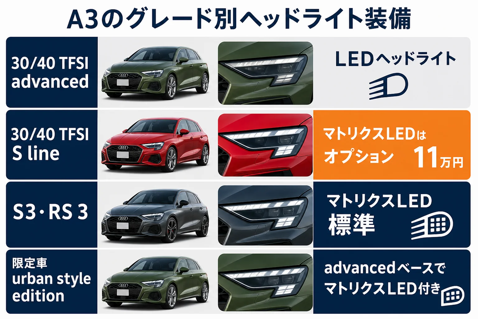 アウディA3のグレード別ヘッドライト装備