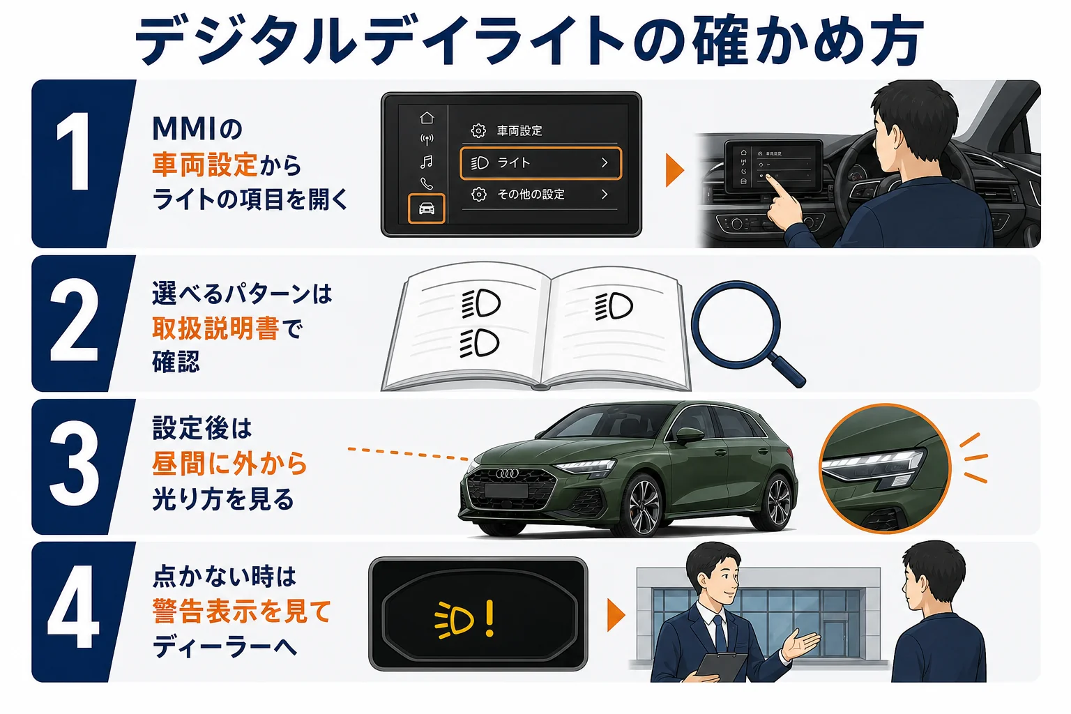 アウディA3のデジタルデイライト設定の流れ