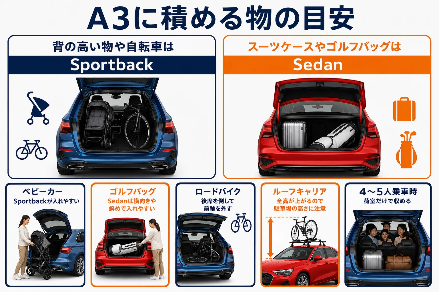 アウディA3の荷室に積める物の目安の図解