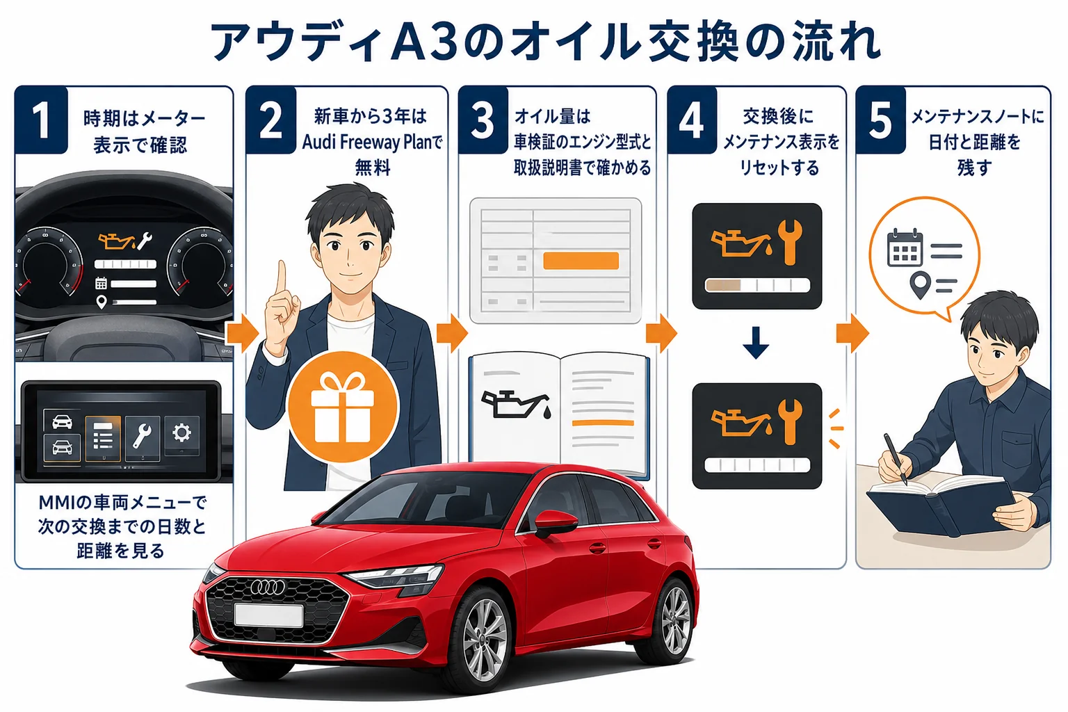 アウディA3のオイル交換時期とリセットの流れの図解