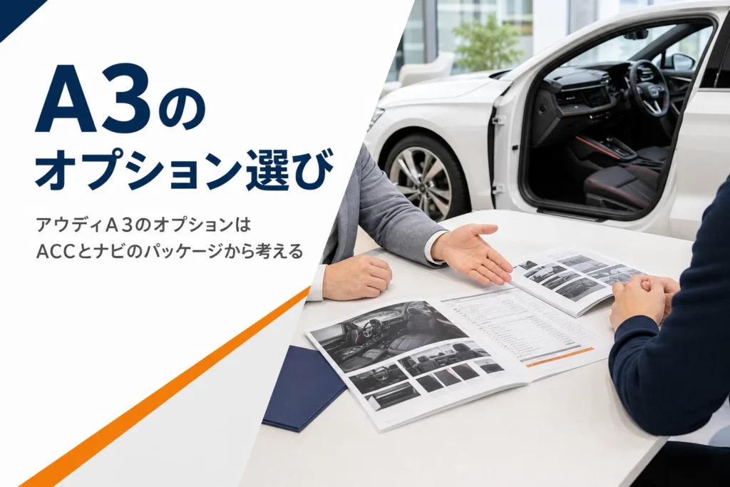 アウディA3のオプションカタログと見積書が並ぶ商談テーブル
