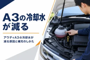 エンジンルームで冷却水の量を確かめる手元