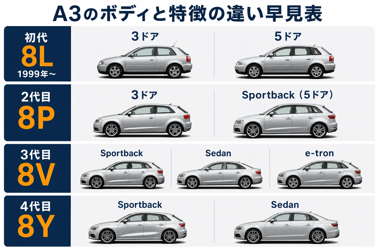 アウディA3の各世代ごとの主なボディタイプと特徴を比較した図解