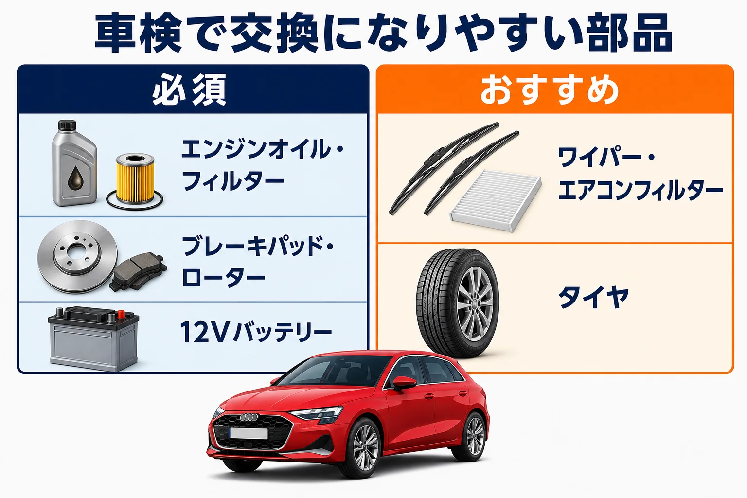 アウディA3の車検で交換になりやすい部品の図解