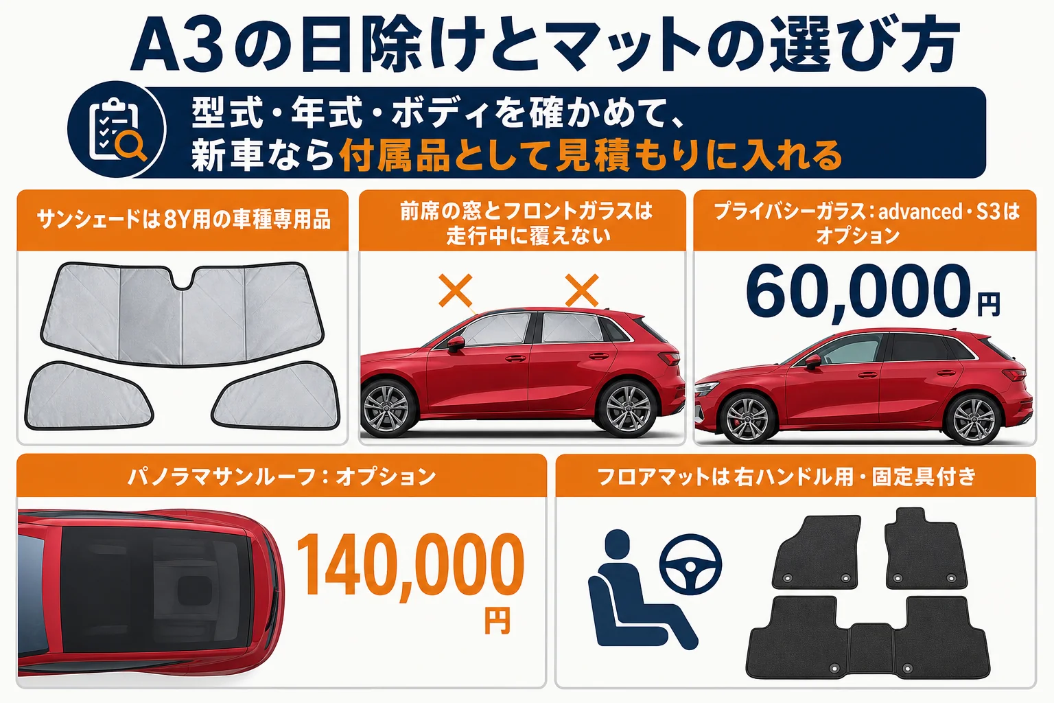 新車購入時にA3の付属品を見積もりに入れる流れの図解