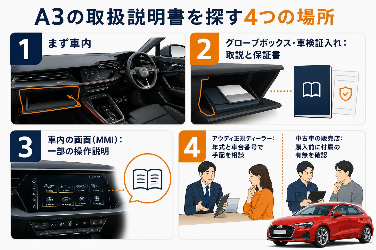 アウディA3の取扱説明書を探す場所の図解