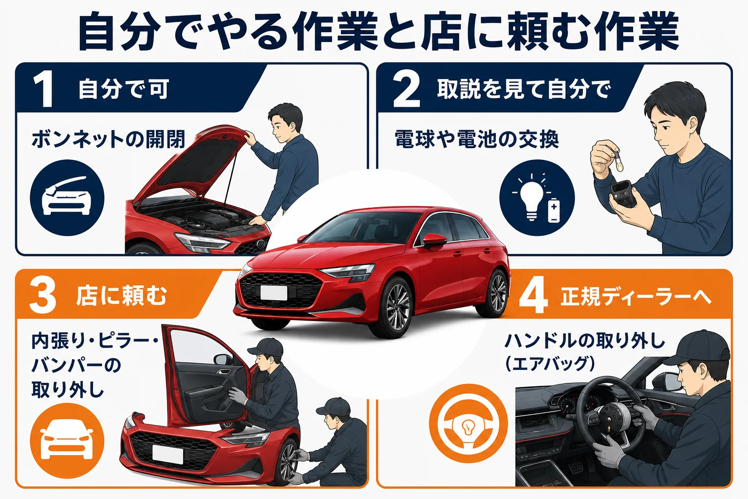 アウディA3で自分でできる作業と店に頼む作業の区分の図解