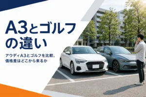 駐車場に並んだアウディA3とコンパクトハッチバック