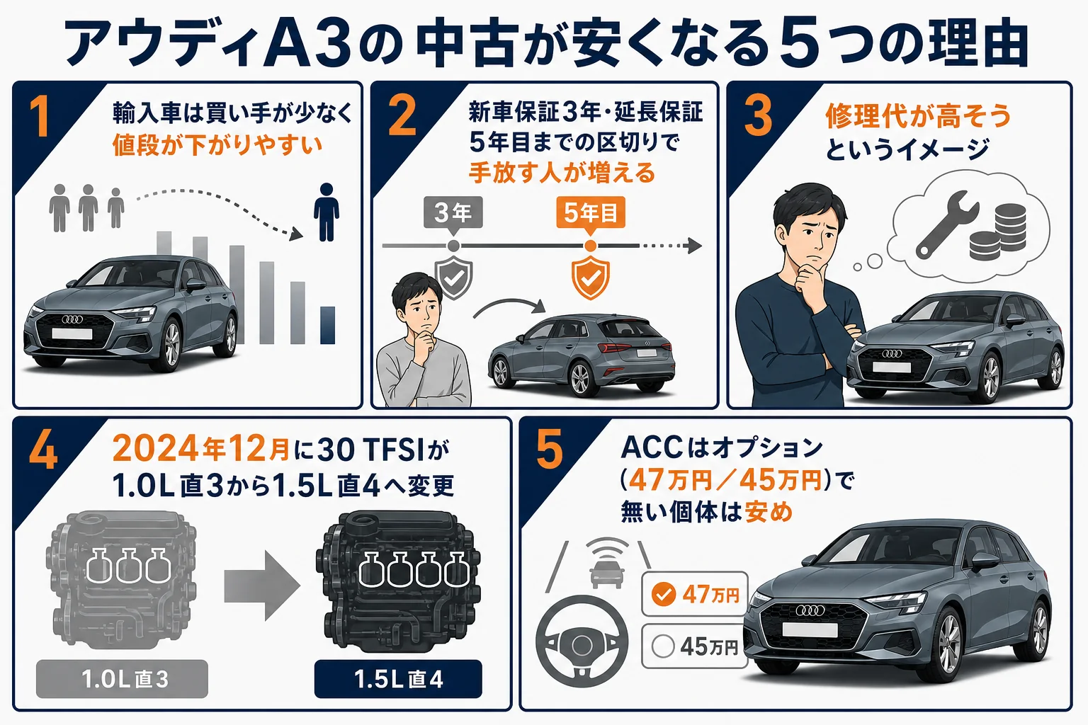 アウディA3の中古が安くなる5つの理由の図解