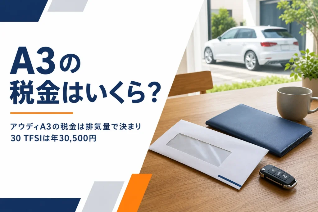 納税通知の封筒と車検証入れ、窓の外のコンパクトハッチバック