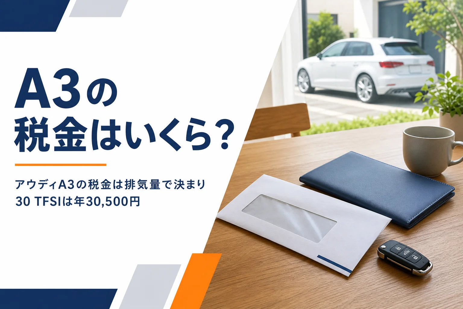 納税通知の封筒と車検証入れ、窓の外のコンパクトハッチバック